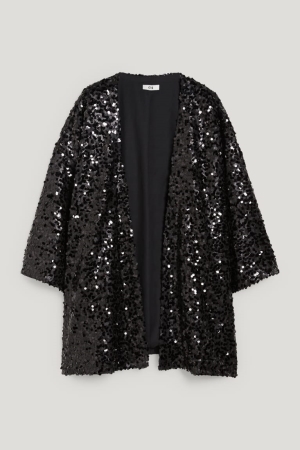 Black C&A Sequin Kimono Shiny Hoodie | 052-IVHSDL