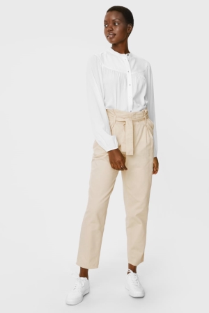 Creme C&A Paper Bag Tapered Fit Trousers | 943-AFZVNX