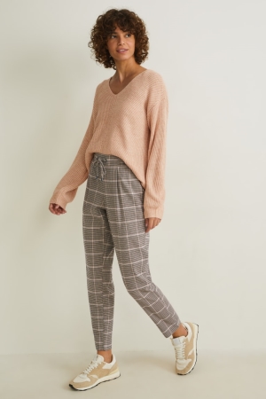 Gray / Beige C&A Cloth Mid-rise Waist Check Trousers | 490-EYLGXO